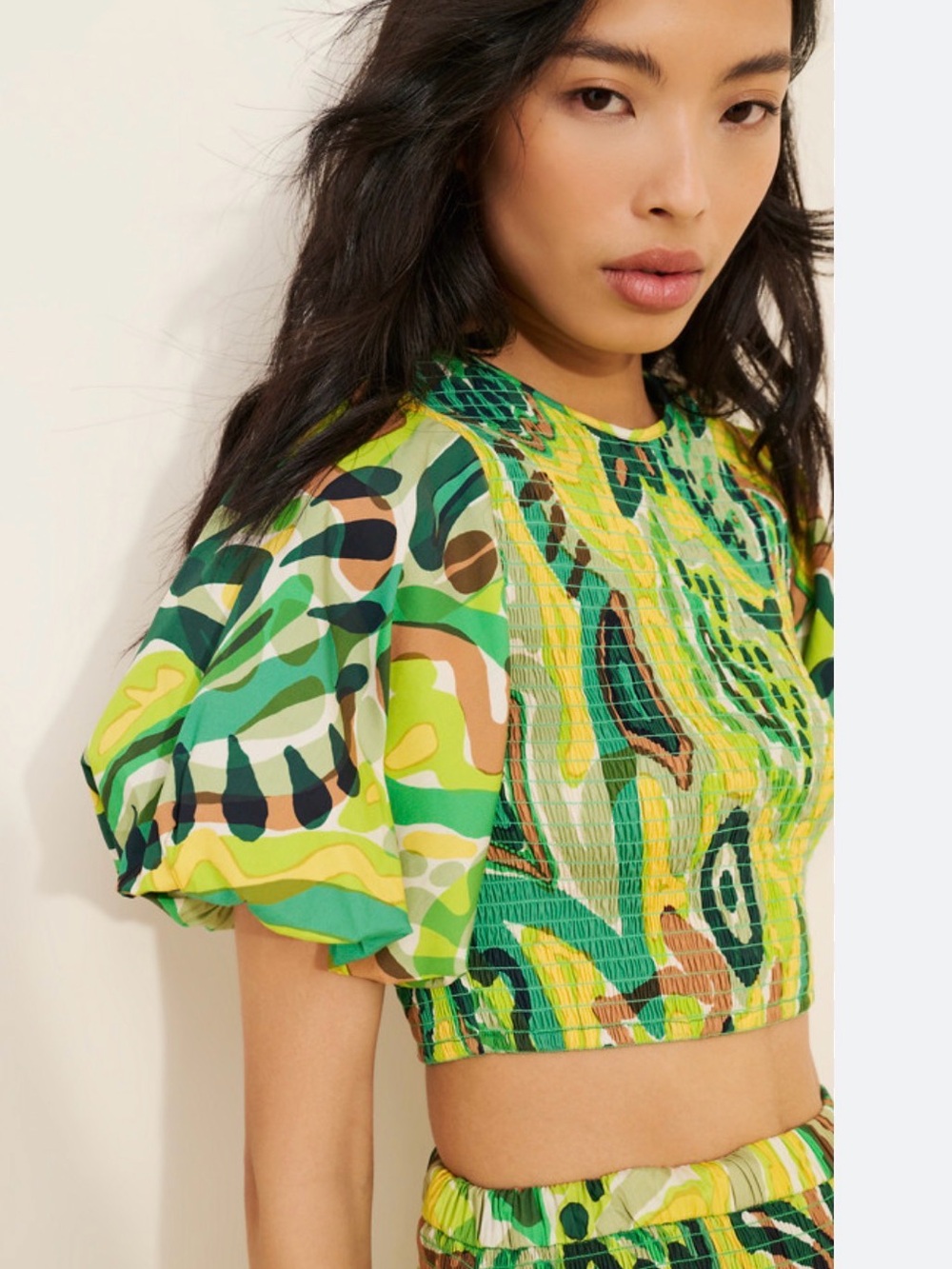 🔥Simon Miller🔥Green Multi Abstract Puff-Sleeve Poplin Top